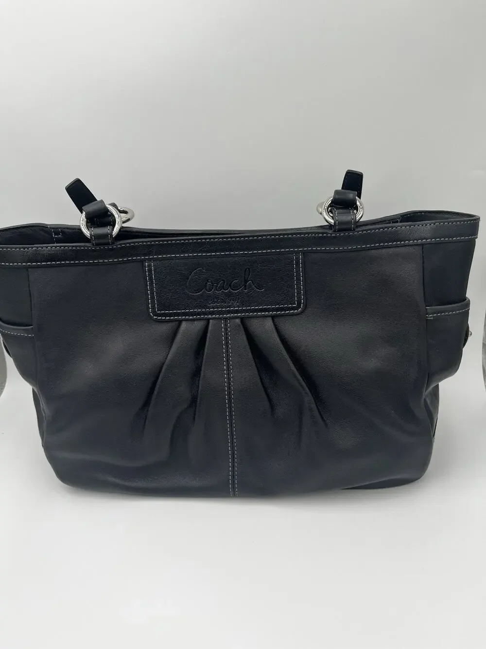 Coach Gallery F13759 Black Leather Pleated Tote Shoulder Bag Purple Lined
